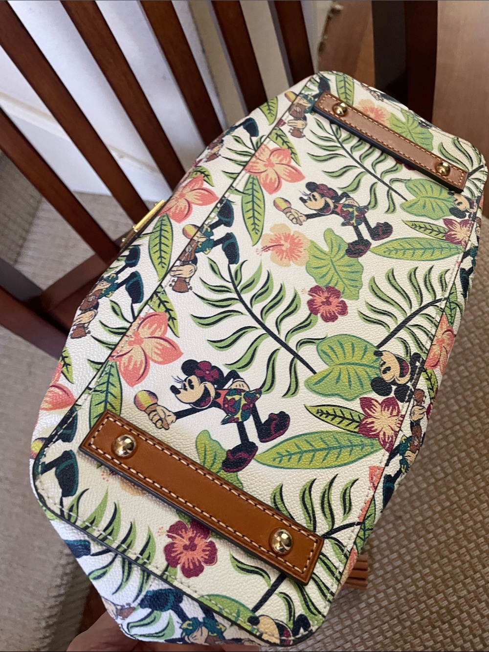 Dooney & Bourke White Canvas Tropical Floral Mickey Shoulder Bag with Tan Trim - Picture 3 of 7